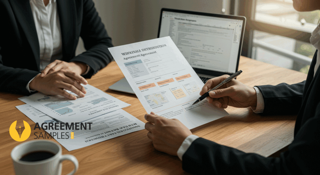 Two business professionals reviewing a wholesale distribution agreement with key sections highlighted, surrounded by documents and a laptop in a bright office setting.