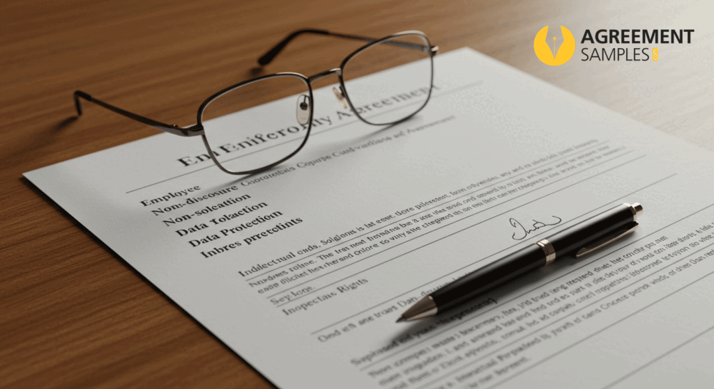 Printed employee confidentiality agreement on a desk with headings for non-disclosure, non-solicitation, data protection, and intellectual property rights, with glasses and pen beside it.