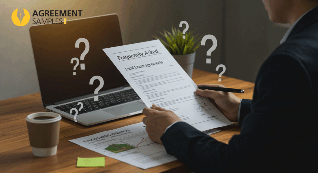 Visual representation of frequently asked questions about land lease agreements with icons and answers