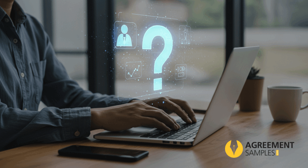 A professional at a laptop with a question mark icon representing frequently asked questions about web development contracts