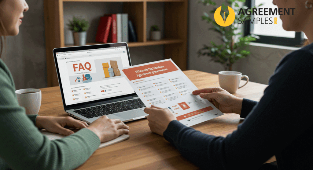 Customer and business consultant discussing a printed FAQ sheet about wholesale distribution agreements in a bright, professional office setting.