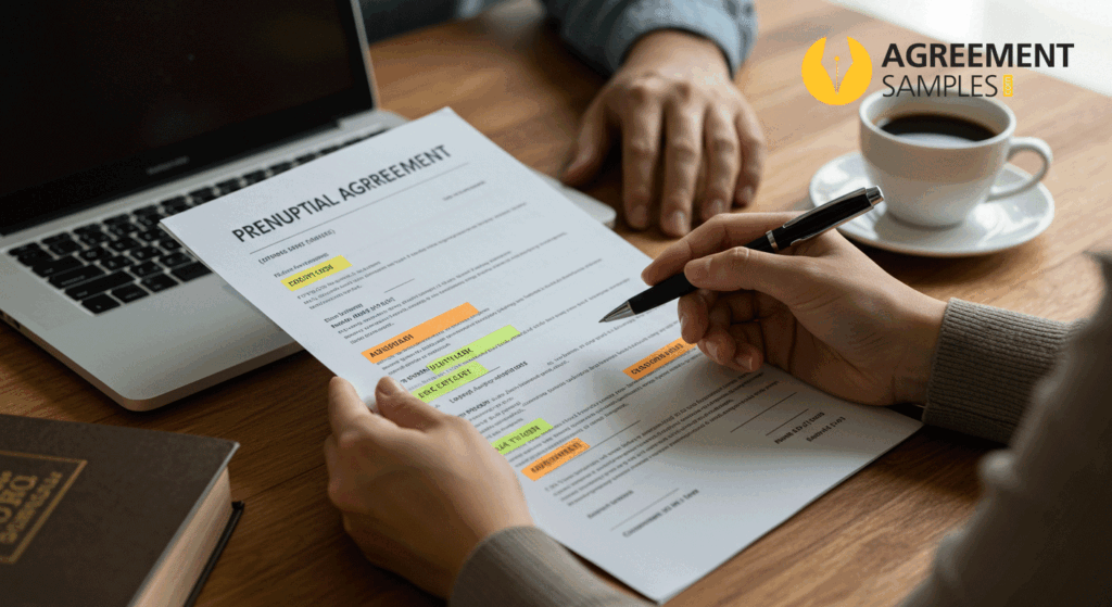 A couple or individual reviewing and customizing a prenuptial agreement document at a table.