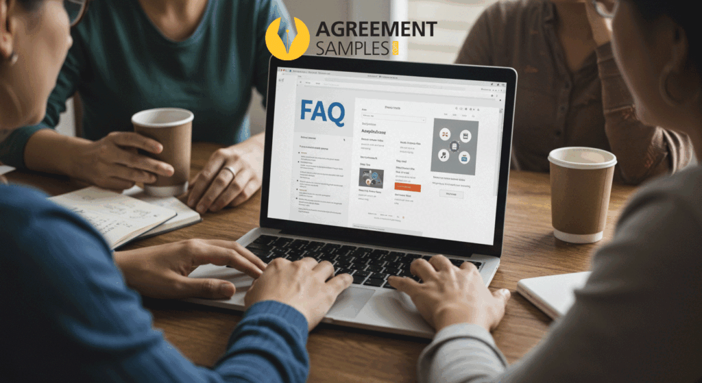 People reviewing a Frequently Asked Questions (FAQ) section on a laptop in a casual setting.