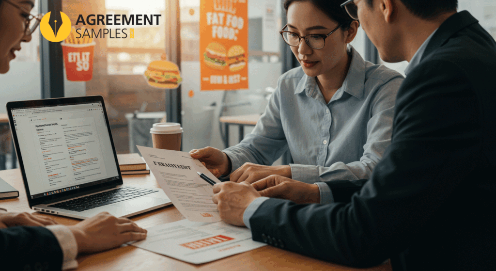 A franchisor and franchisee discussing a fast food franchise agreement in a professional setting.