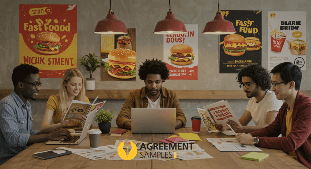 A fast food team collaborating on marketing strategies and branding guidelines.