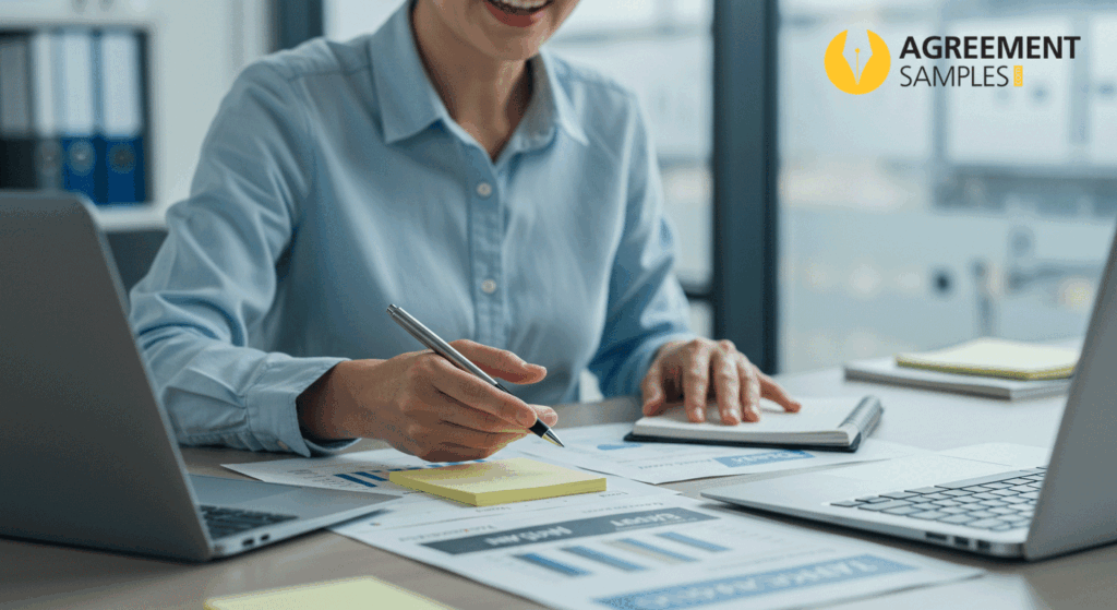 A professional answering questions in an office, representing the FAQs section for healthcare contractor agreements.