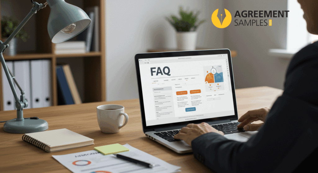 A professional reviewing a FAQ section on a laptop, representing answers to common Hold Harmless Agreement questions