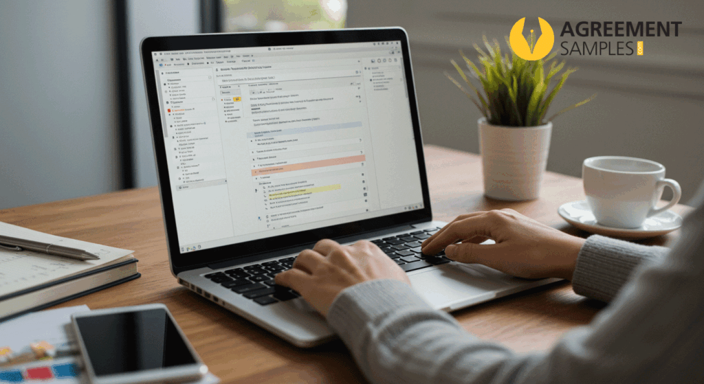 Person customizing an operating agreement template in Microsoft Word on a laptop