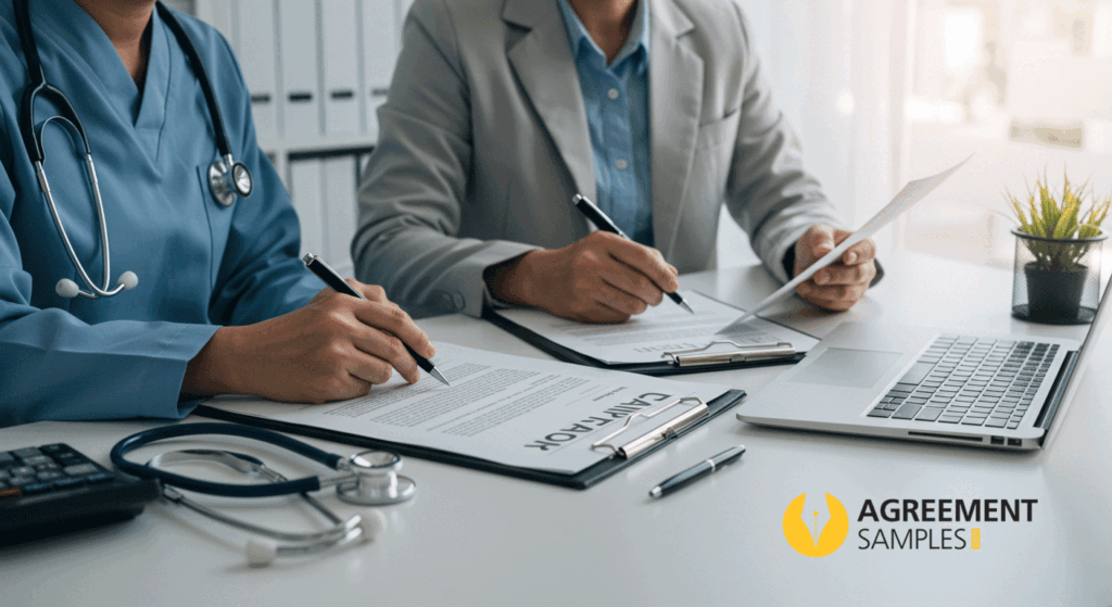 A healthcare professional and consultant reviewing a contractor agreement with documents, stethoscope, and laptop on a desk.