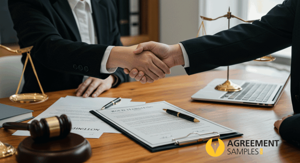 Two professionals shaking hands over a signed Hold Harmless Agreement in a law office, symbolizing trust and legal protection
