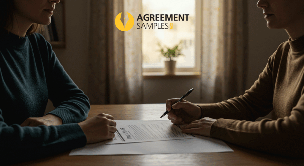 A couple thoughtfully considering a prenuptial agreement at a table with contract papers.
