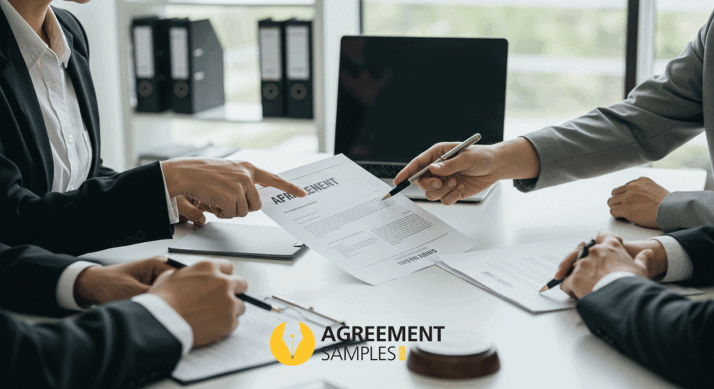 Professionals collaborating around a table, reviewing a legal agreement to meet all parties’ needs