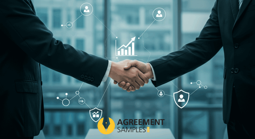 Handshake representing partnership and growth benefits of exclusive distribution contracts with icons for security and market expansion