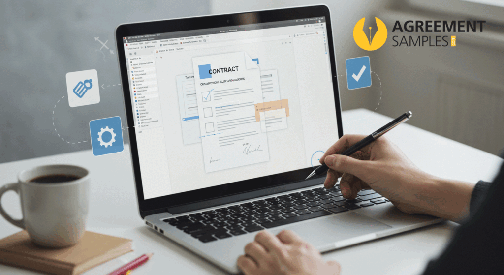 Open laptop showing a contract template in MS Word being customized with editing icons around