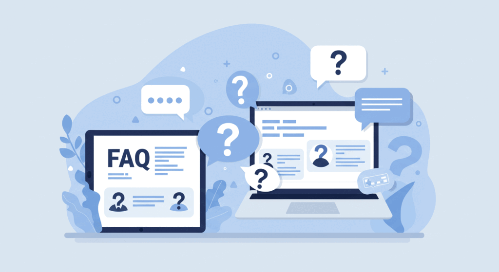 A laptop screen with question marks and speech bubbles representing frequently asked questions