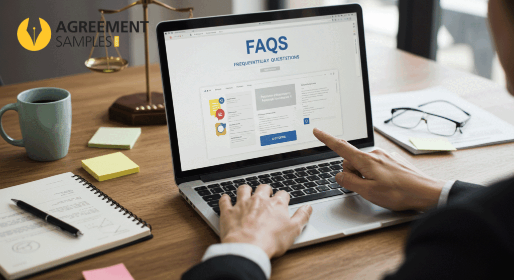 A person reviewing Frequently Asked Questions on a laptop in a professional setting, representing help and clarity.