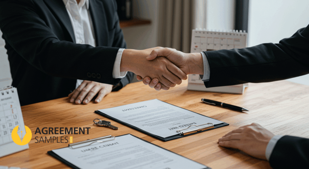 A photo of landlord and tenant shaking hands over a signed fixed-term lease agreement, symbolizing trust and rental stability.