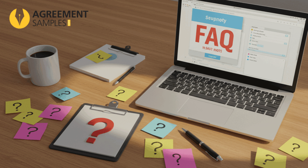 A workspace with a FAQ page on a laptop and a notebook showing a large question mark