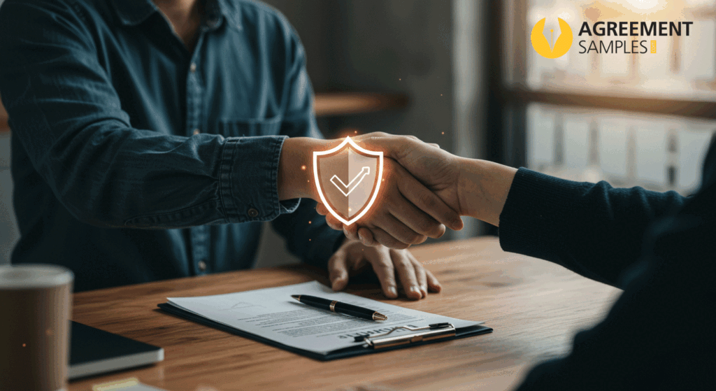 Freelancer and client shaking hands over a signed contract with a legal protection symbol