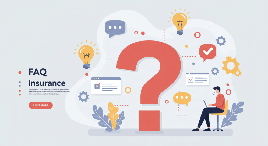 Representing frequently asked questions with question mark, answers, and support icons in a modern insurance-themed design.
