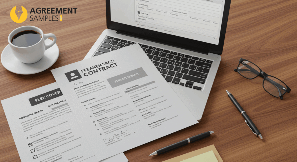 A freelance contract template on a laptop and printed paper with a checklist beside it