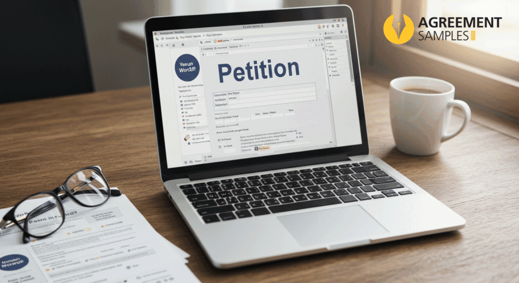 A laptop showing a petition form in Microsoft Word with printed forms and office supplies on a desk