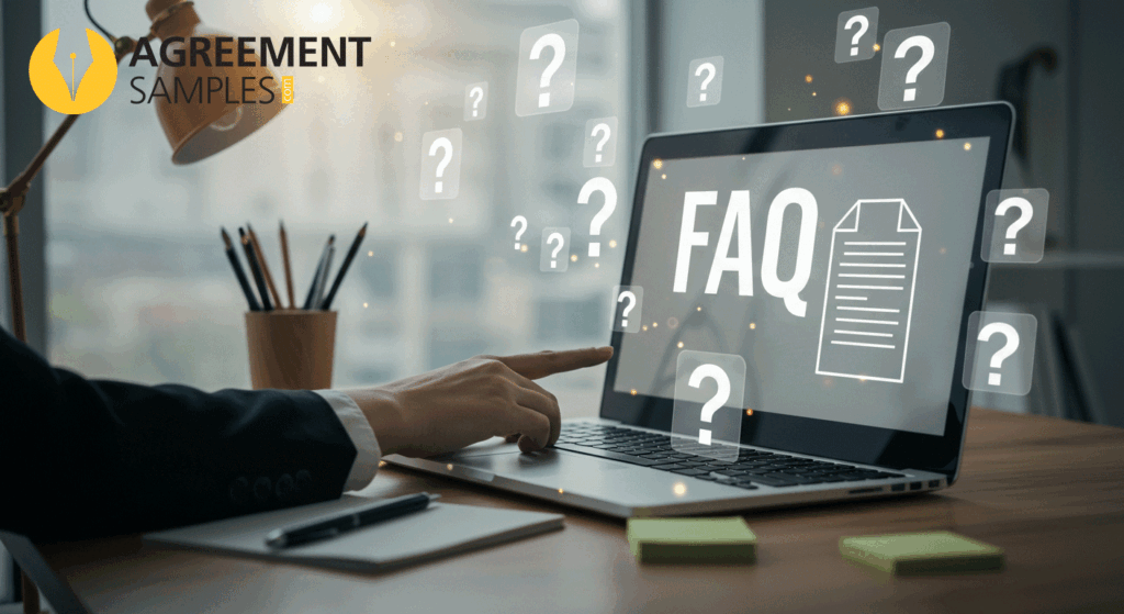 A person viewing FAQ content on a laptop in a professional setting with question mark icons around