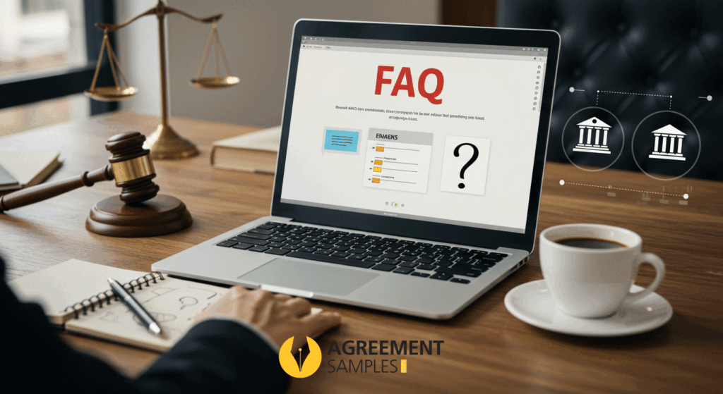 A laptop displaying FAQs with a notepad showing a question mark and legal-themed elements on a desk