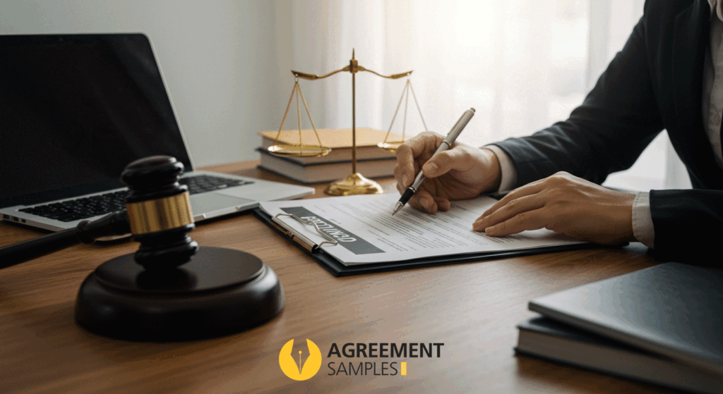 A person filling out a petition form with legal documents and a gavel on the desk