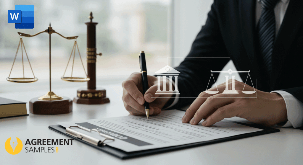 A person filling out a legal petition form with law symbols and a courthouse icon