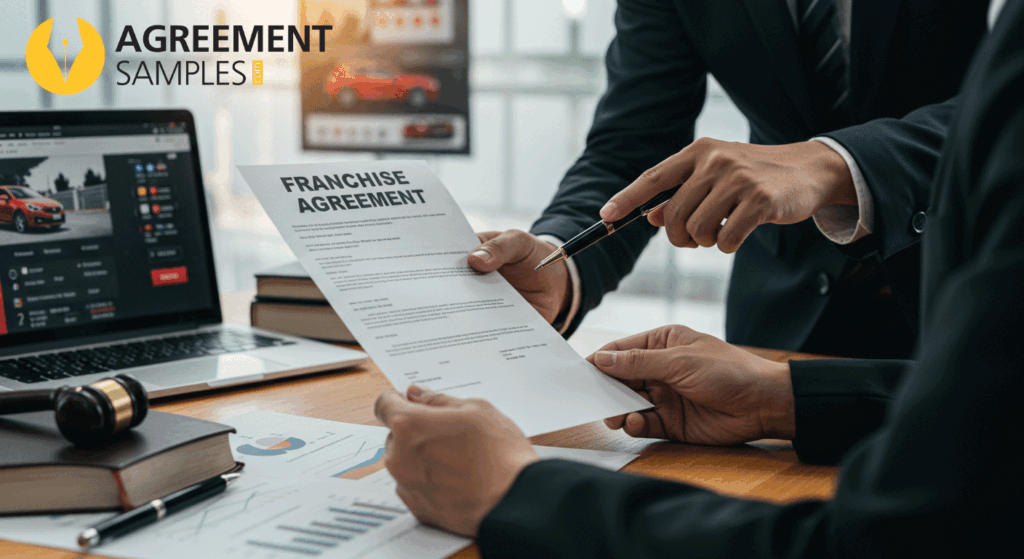 Two professionals reviewing an automotive franchise agreement document in a modern office setting with legal and automotive materials on the table.