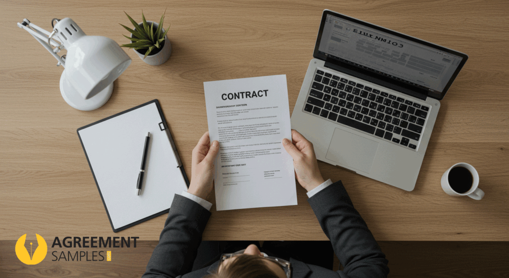 An independent contractor signing a legal document at a desk with law symbols in the background