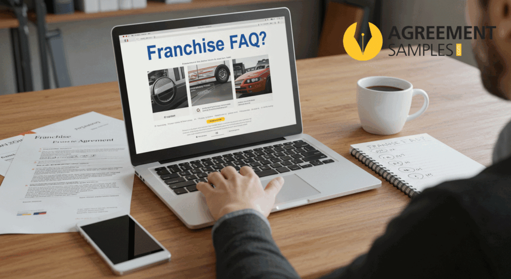 A person reviewing franchise FAQs on a laptop with documents and notes related to automotive agreements on a desk.