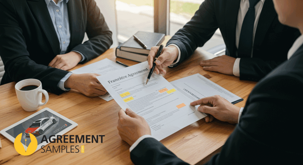 A business owner receiving professional legal guidance on a franchise agreement in a office setting with documents and a car dealership logo.