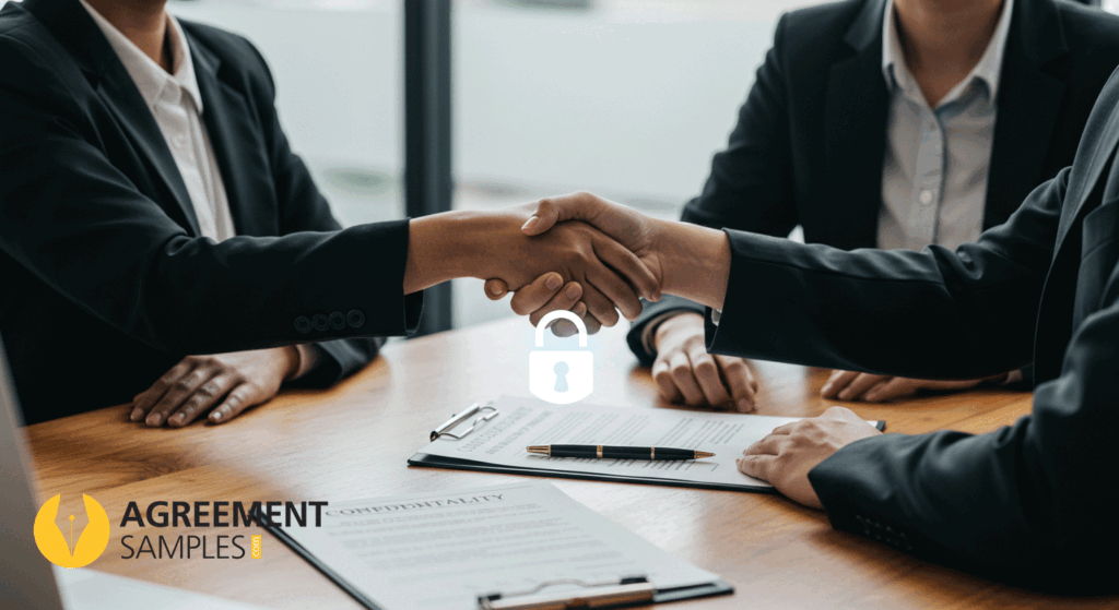 Two professionals shaking hands over a confidentiality agreement in a secure business meeting setting.