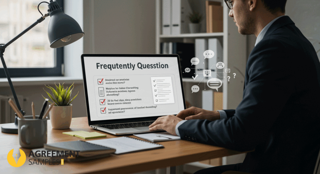 Office scene showing a businessperson reviewing frequently asked questions about non-exclusive distribution agreements on a digital screen.