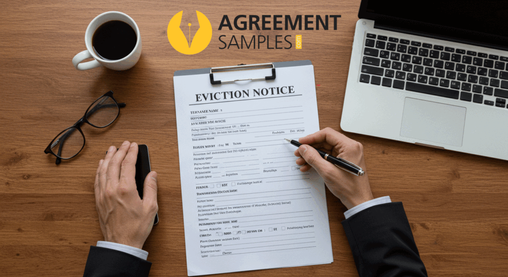 Landlord filling out an eviction notice form with pen and laptop on desk