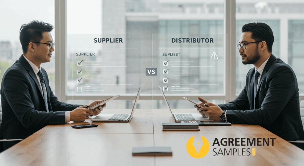 Business scene showing a supplier and distributor discussing a non-exclusive agreement with visible pros and cons highlighted between them.