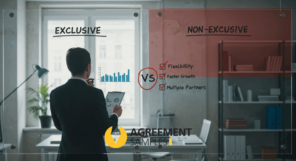 Scene of a businessperson reviewing a comparison between exclusive and non-exclusive agreements, with emphasis on the benefits of choosing non-exclusive distribution.