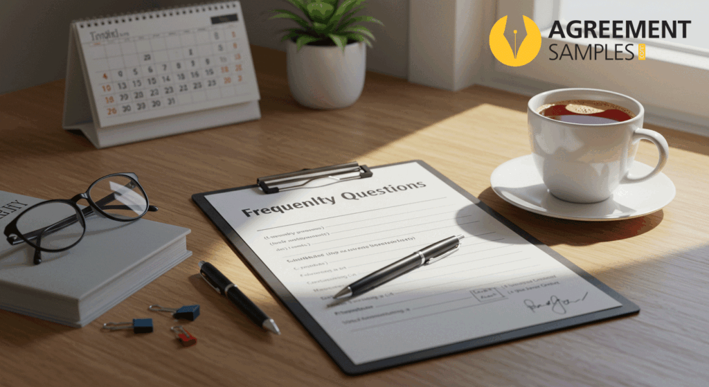 Desk setup with a clipboard labeled Frequently Asked Questions and personal planning items