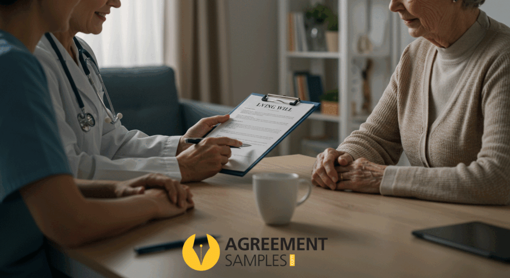 Elderly person reviewing living will document with doctor and family member in a calm setting
