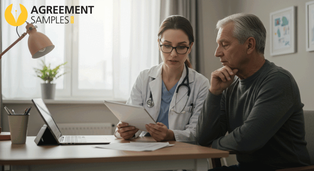 Doctor explaining medical planning options to thoughtful senior discussing a living will