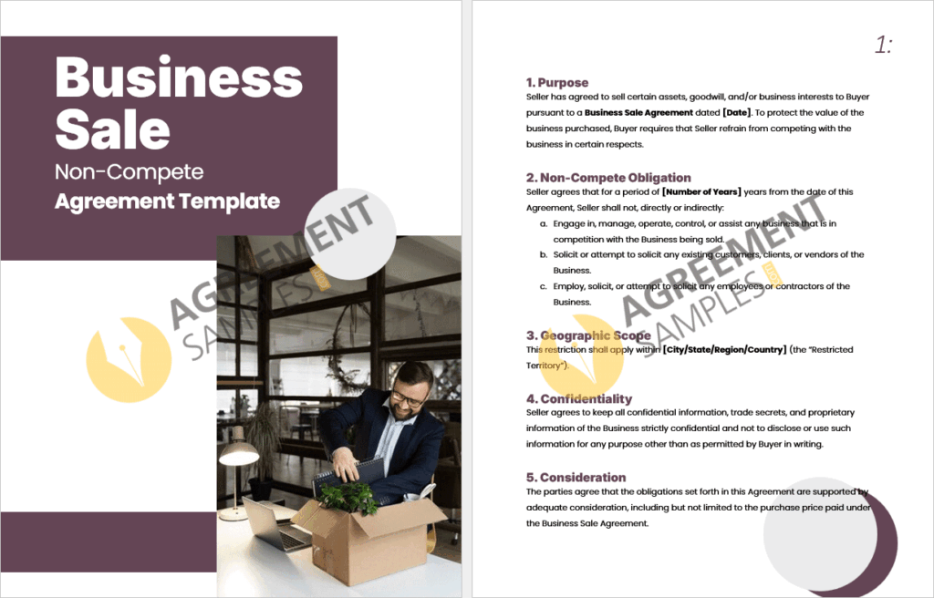 Preview of the Business Sale Non-Compete Agreement template displaying sample clauses such as non-compete terms, geographic scope, and confidentiality provisions.