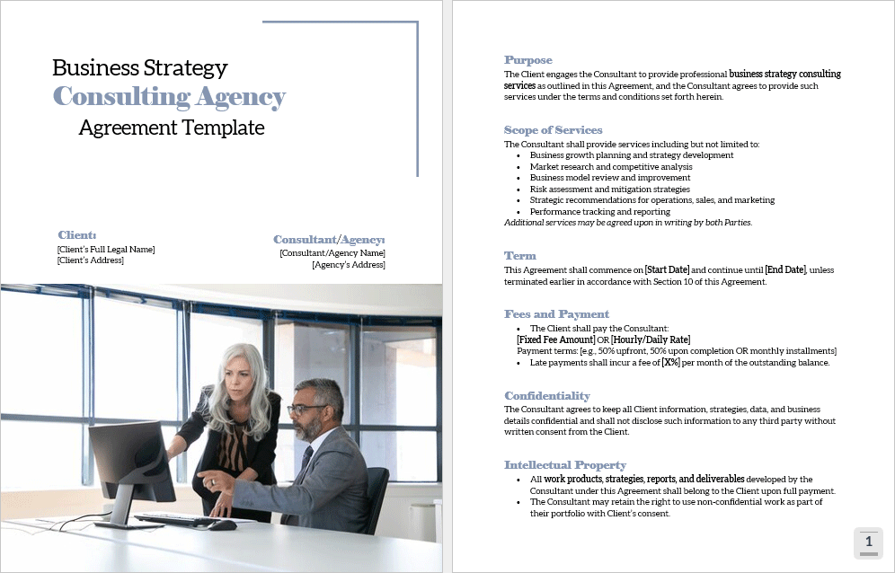 Inside preview of the Business Strategy Consulting Agency Agreement Template showing editable clauses and consulting terms.