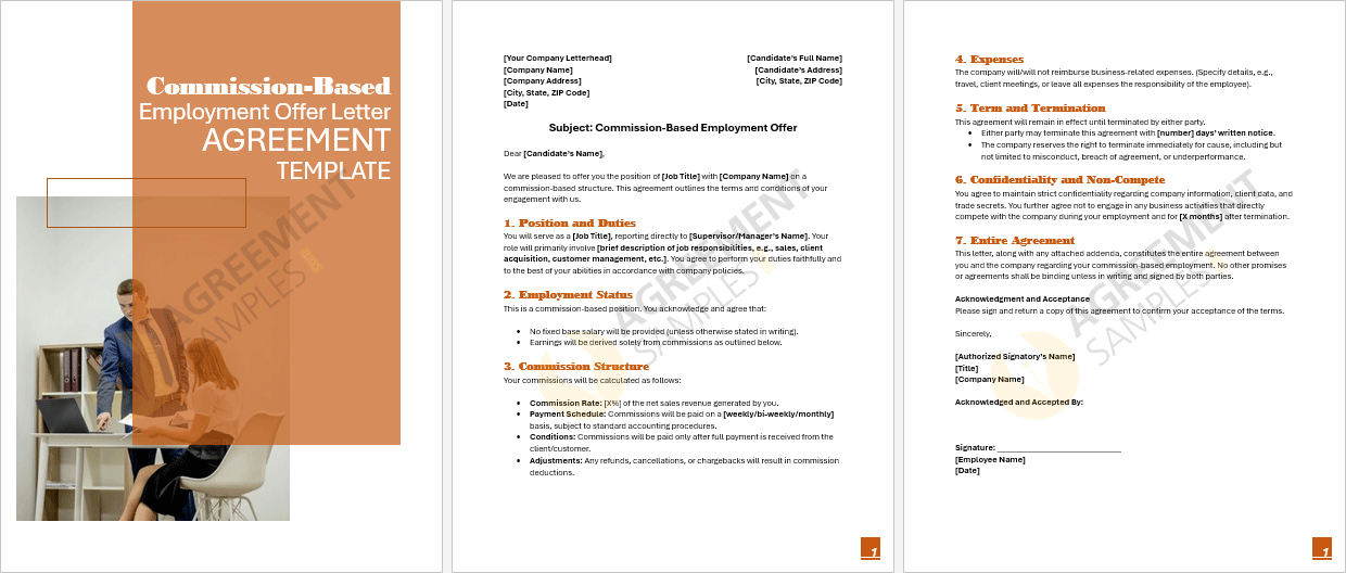 Complete view of the Commission-Based Employment Offer Letter Agreement template displaying all essential clauses and signature section