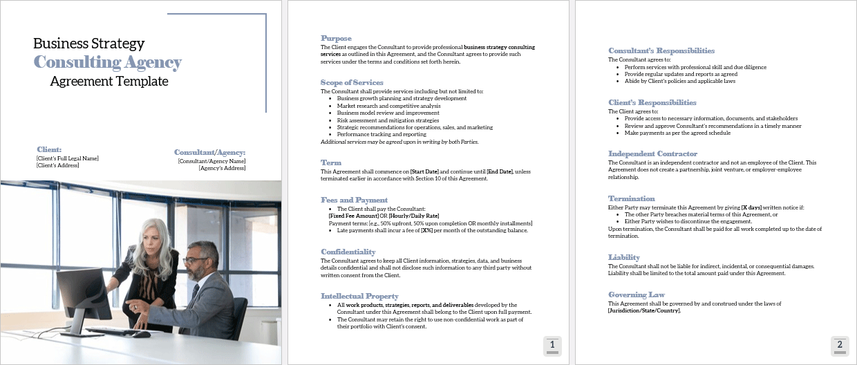 Full document view of the Business Strategy Consulting Agency Agreement Template, including scope of services, fees, and confidentiality clauses.
