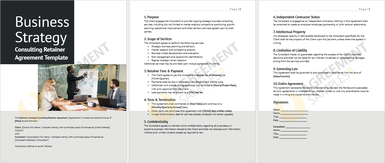Full view of the Business Strategy Consulting Retainer Agreement template in Word format for business and consulting use.
