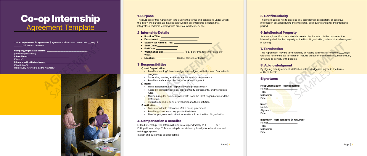 Full-page view of the Co-op Internship Agreement Template showcasing structured format with signature fields for the intern, host organization, and institution.