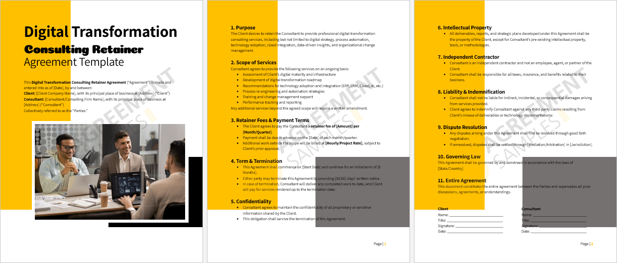 Full view of the Digital Transformation Consulting Retainer Agreement Template in Word format, ready for editing and customization