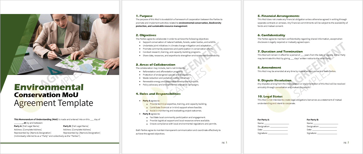 Full document view of the Environmental Conservation MoU Agreement Template showcasing structure and legal formatting.